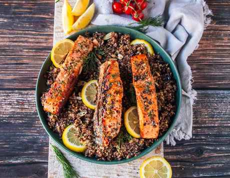 Pan Seared Salmon With Garlic Butter and Quinoa Pilaf