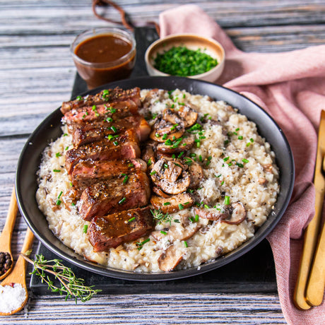 Wagyu Steak with Red Wine Sauce and Mushroom Risotto