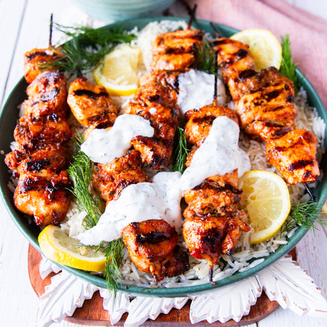 Mediterranean Grilled Chicken Kebabs with Rice And Dill Yogurt Sauce