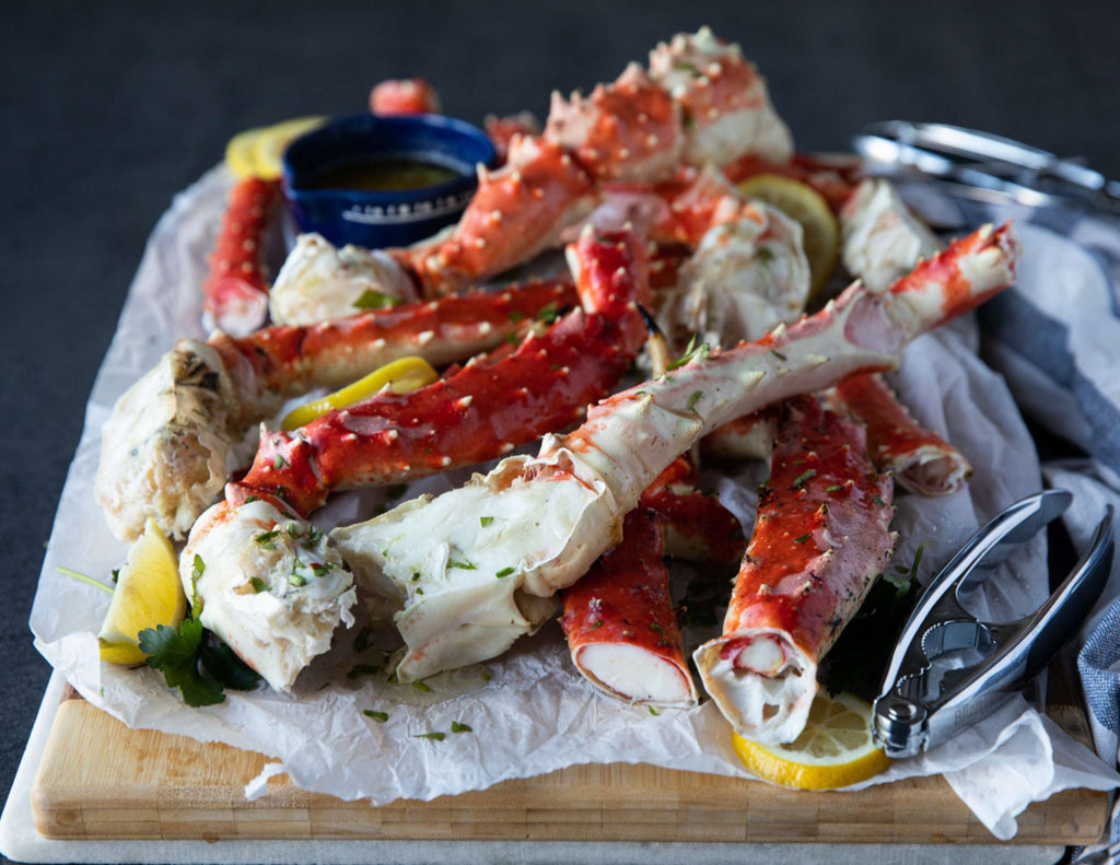 Sealand king crab legs cooked and served with garlic butter