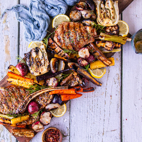 Grilled Veal Chops with Root Vegetables and Eggplant