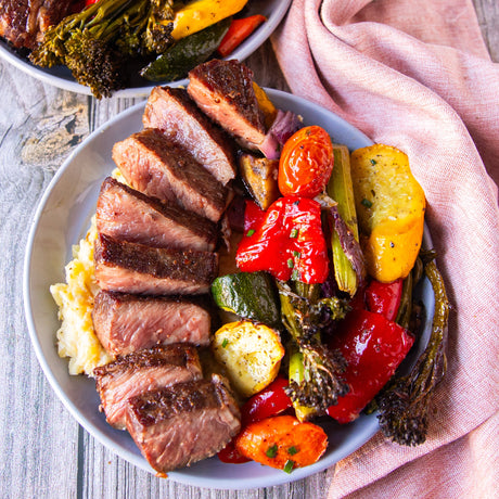 Wagyu Strip Loin  Steaks with Roasted Mediterranean Veggies and Truffle Mashed Potatoes - Sealand Quality Foods