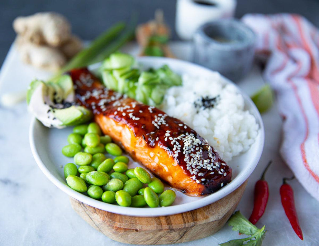 Sealand Quality Foods Sockeye Salmon Fillets served with rice and edamame