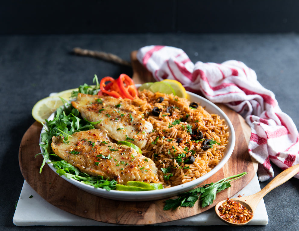 Sealand Quality Foods Haddock Fillets with Mexican Rice and Arugula