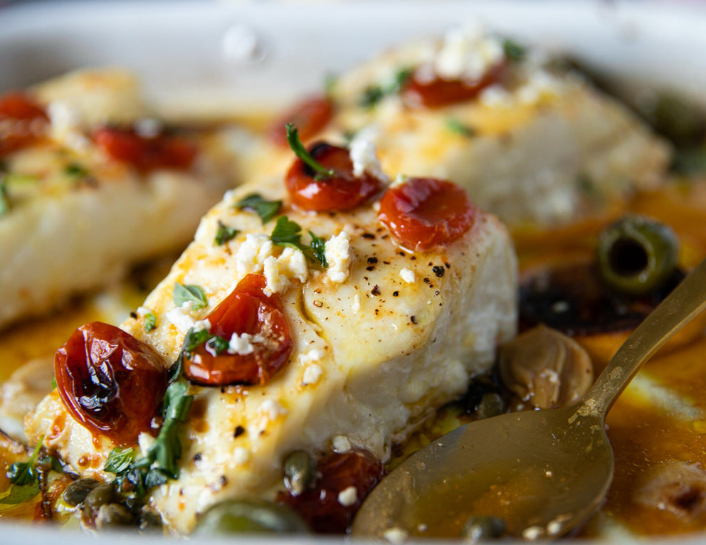 Sealand Quality Foods Halibut Fillet Close-up and Topped with Tomatoes and Feta