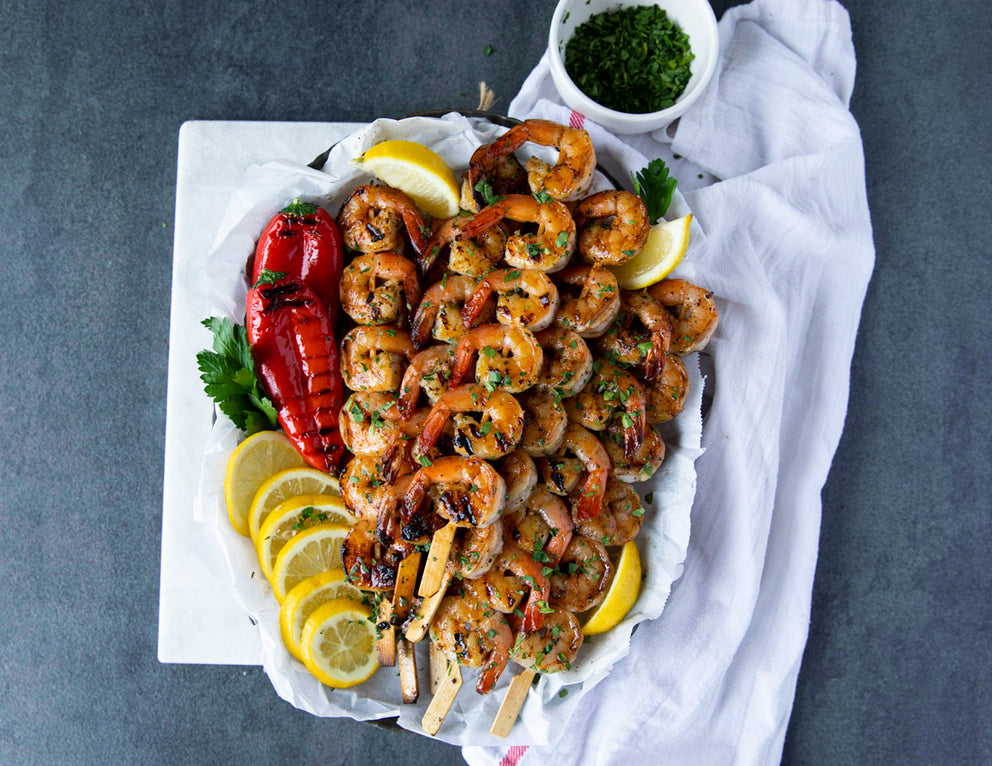 Platter of Sealand Quality Foods Grilled Herb and Garlic Shrimp Skewers