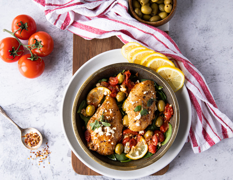 Top Down View of Sealand Quality Foods Organic Boneless Chicken Breasts with Olives and Feta
