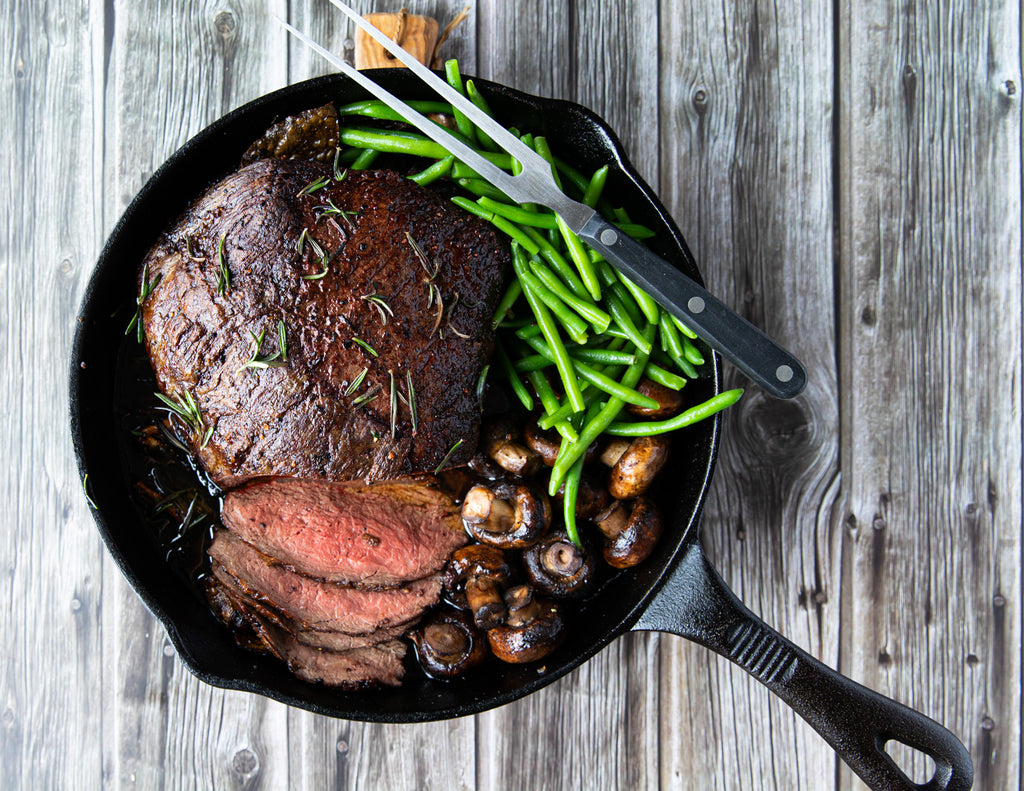 Sealand Quality Foods Top Sirloin Roast in Cast Iron Pan with Mushroom and Green Beans