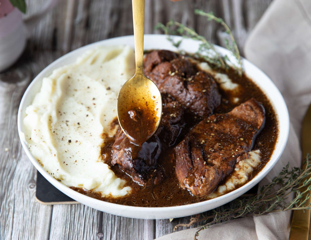 Sealand cooked beef roasts with gravy and creamy mashed potatoes