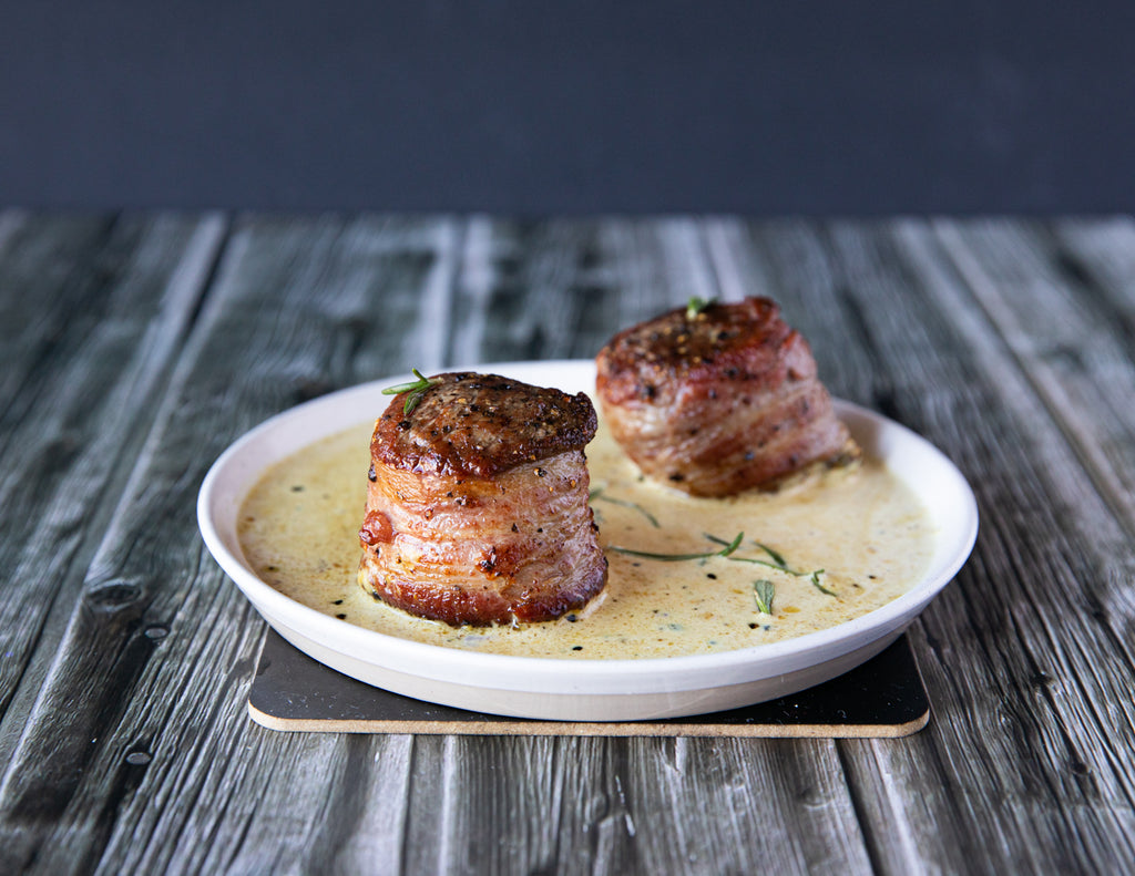 Sealand Quality Foods bacon wrapped tenderloin steaks with peppercorn sauce