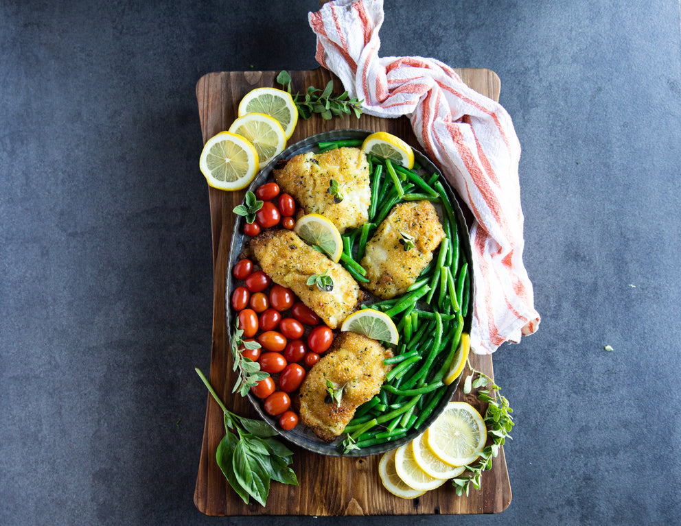 Sealand's Herb Crusted Cod Fillets Served with Green Beans and Tomatoes