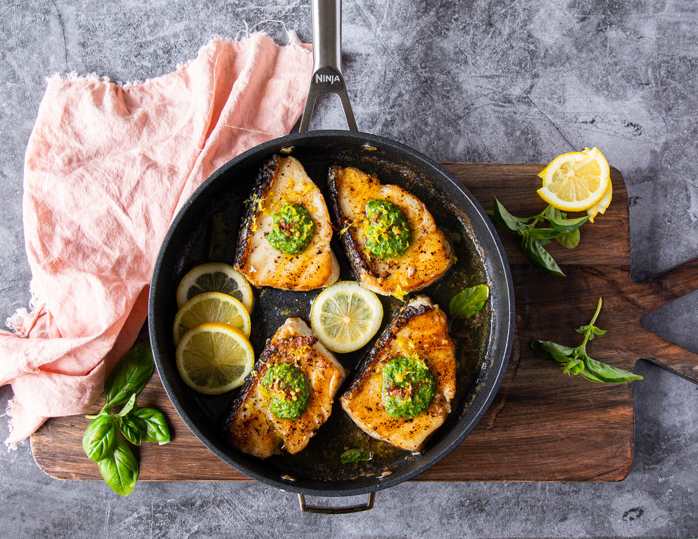 Sealand's Chilean Sea Bass Fillets Seared in a Cast Iron Pan with Pesto