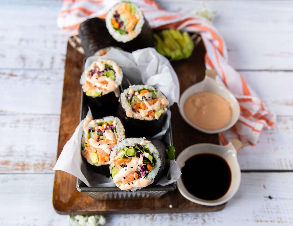 Sealand skinless centre cut salmon sushi burritos with spicy dips