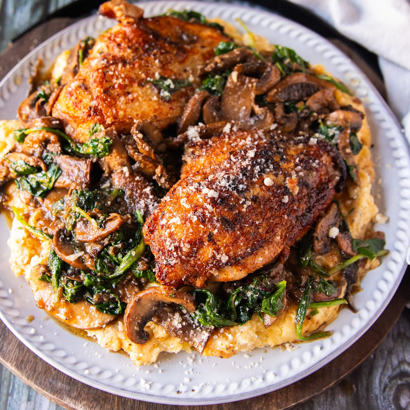 Baked Chicken with  Thyme and Parmesan Sautéed Mushrooms