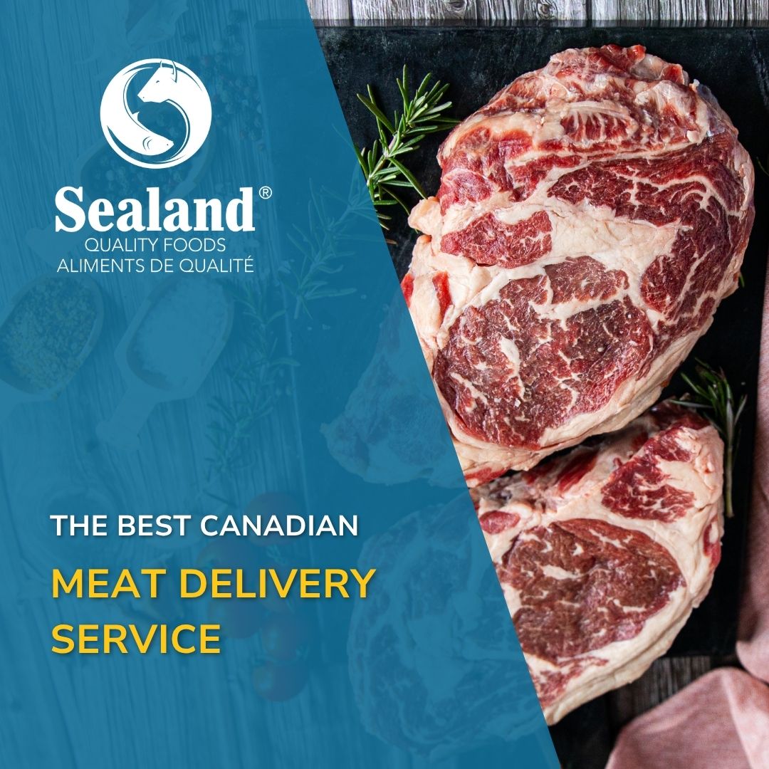 Two raw ribeye cuts garnished with fresh rosemary on a dark slate surface, beside the Sealand Quality Foods logo and the text "The Best Canadian Meat Delivery Service."