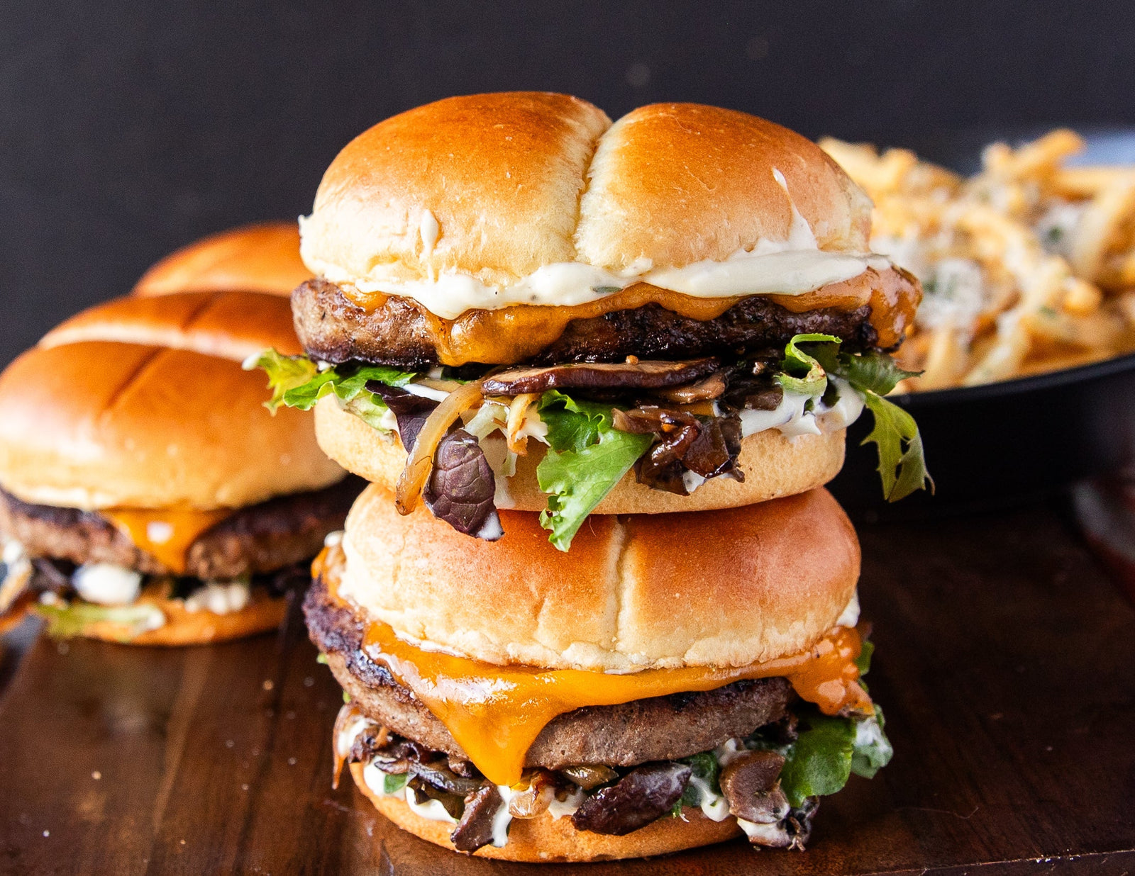 Onion & Mushroom Bison Burgers With Truffle Aioli And Truffle Fries