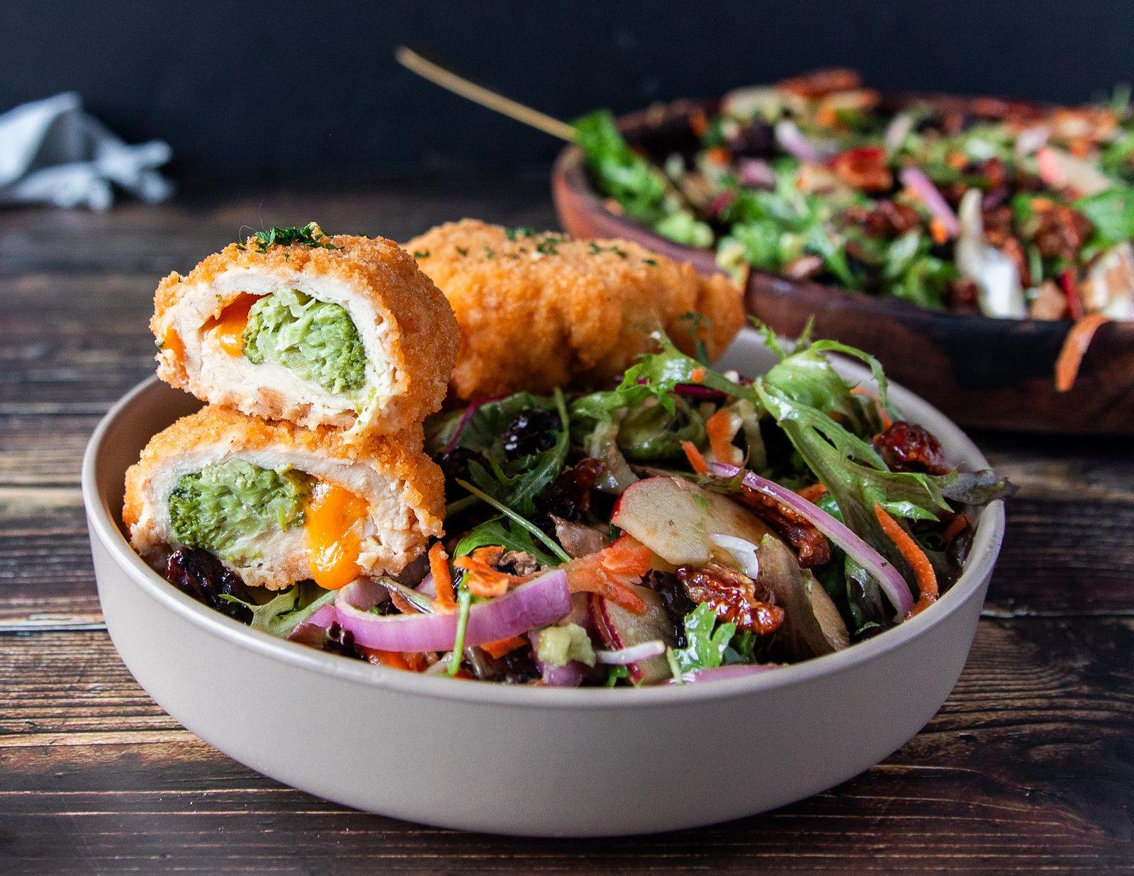 Chicken Broccoli Roulade with Apple Salad and Maple Vinaigrette