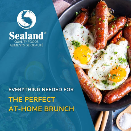 Sealand Quality Foods blog cover featuring a skillet of sausages and sunny-side up eggs with the title "Everything Needed for the Perfect At-Home Brunch" — premium brunch ideas from Sealand.