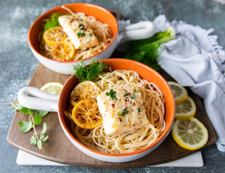 Buttered Baked Halibut Over Pasta