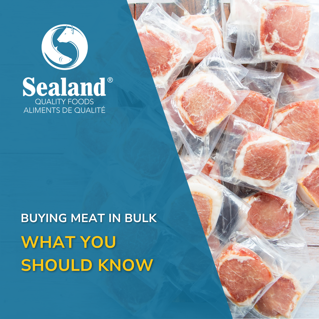 Vacuum-sealed cuts of meat in bulk packaging on a wooden cutting board, with Sealand Quality Foods branding
