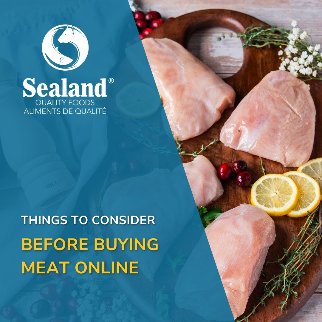Raw chicken breasts arranged on a round wooden cutting board with fresh thyme, cranberries, and lemon slices, alongside the Sealand Quality Foods logo and the text "Things to Consider Before Buying Meat Online."
