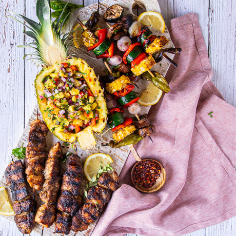 Grilled Chicken Kebabs with Grilled Veggie Kebab and Pineapple Salsa