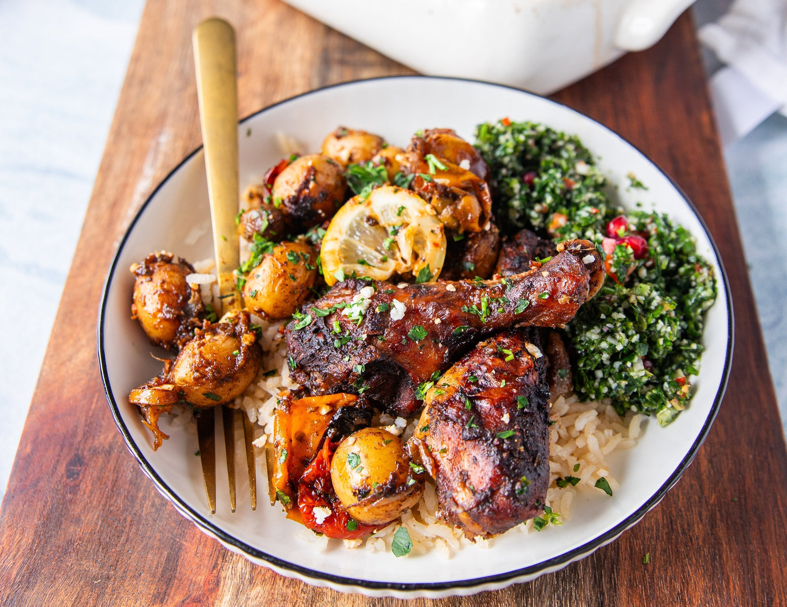 Mediterranean Chicken and Potato Bake with Tabouli Salad