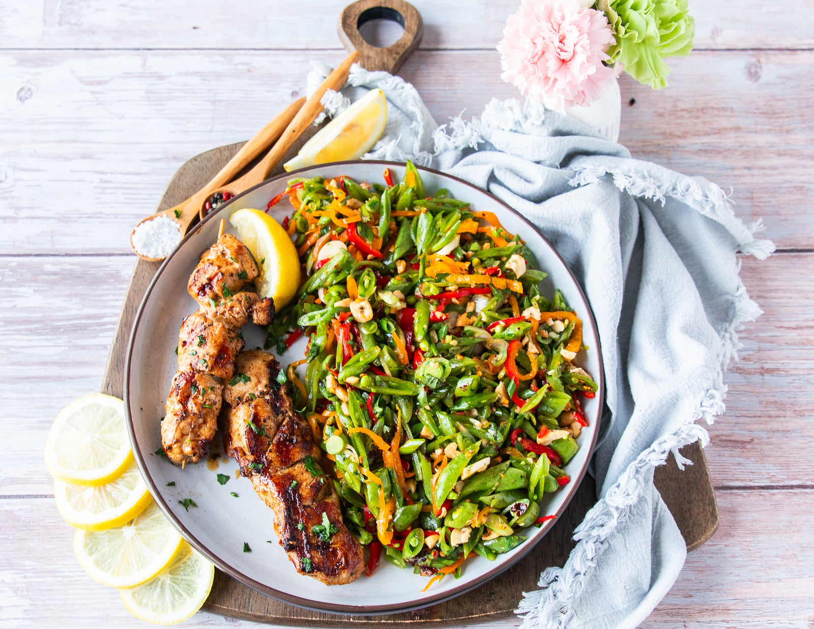 Mild Chilli Chicken Skewers with Snap Pea Salad