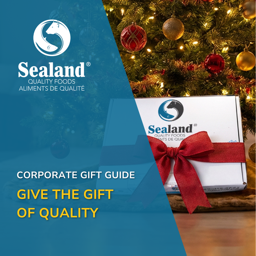 A white Sealand Quality Foods box wrapped with a red ribbon bow sits in front of a decorated Christmas tree with warm golden lights and red and gold ornaments, with a cozy fireplace glowing in the background.