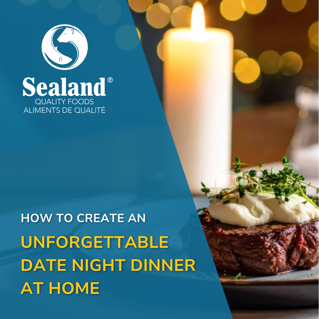 A close-up of a beautifully plated beef filet topped with a white sauce and chopped herbs. In the background, there is a lit candle and a glass of white wine.