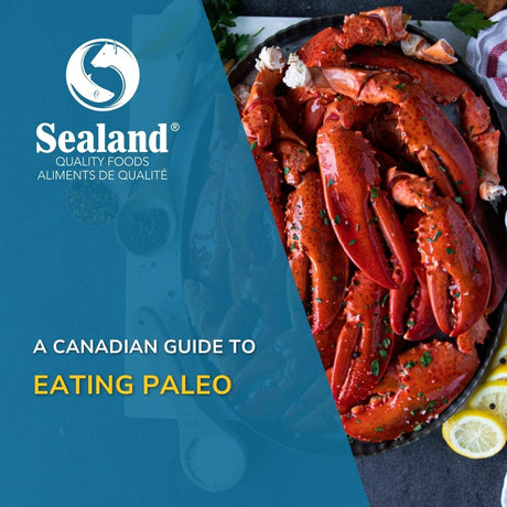 Sealand Quality Foods branded graphic featuring a platter of cooked lobster claws garnished with fresh herbs and served alongside lemon wedges, with the text "A Canadian Guide to Eating Paleo" overlaid on a teal background.