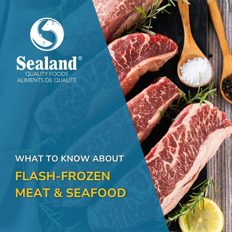 A teal diagonal overlay graphic with white and yellow text set against a background of three heavily marbled raw beef steaks on a dark surface with rosemary, lemon, and a wooden spoon of coarse salt.