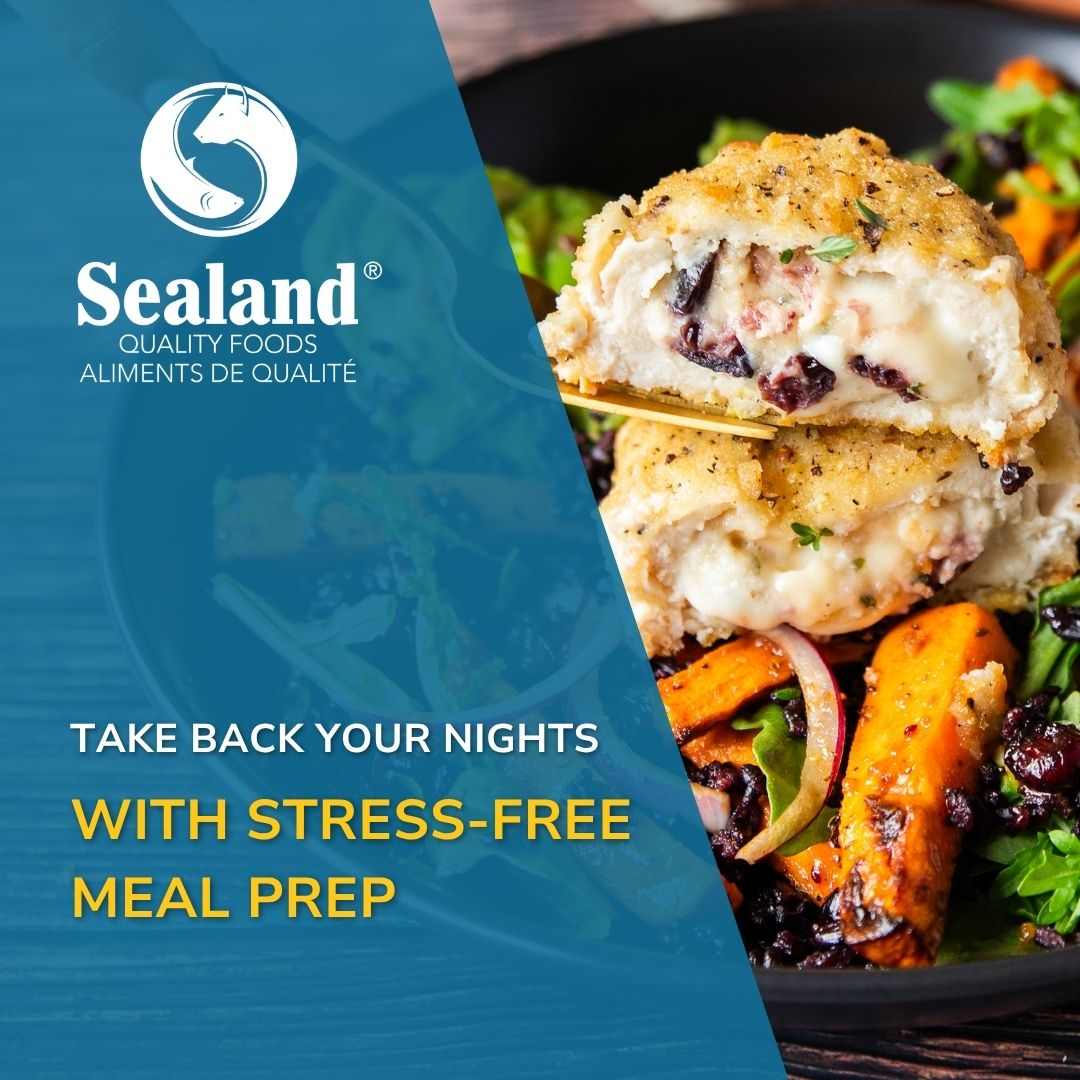 A golden, breaded stuffed chicken breast cut open to reveal a melted cheese and cranberry filling, served over a bowl of roasted sweet potato, dried cranberries, and mixed greens, with the Sealand Quality Foods logo and blog title.