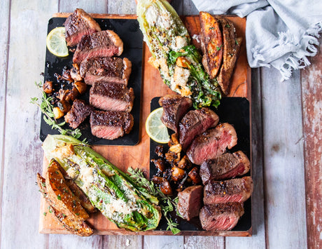 Wagyu Picanha Steaks with Crispy Potato Wedges and Grilled Romaine