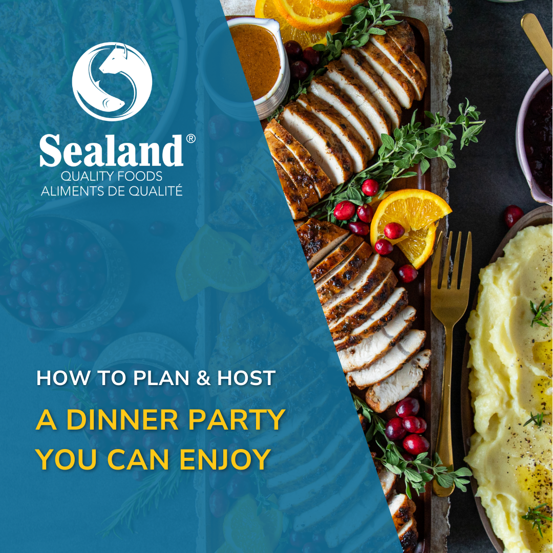 Sealand Quality Foods cover image showing sliced turkey with oranges and cranberries for a dinner party guide