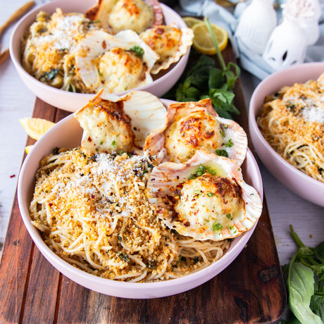 Coquilles St. Jacques with Spaghetti Aglio e Olio