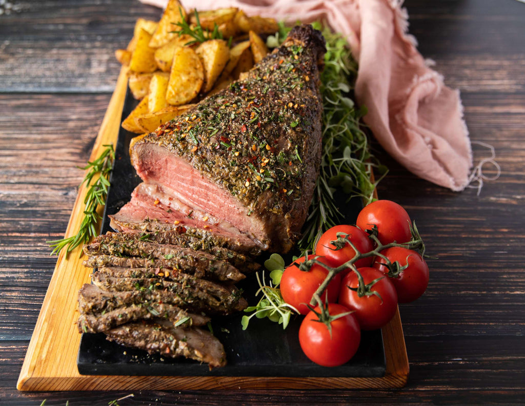 Sealand mustard and herb roast top sirloin with potato wedges