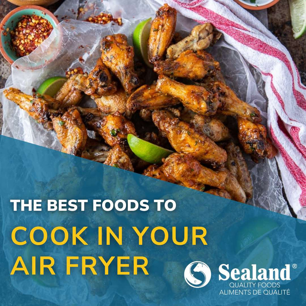 Air fryer blog header image showing a large portion of air fried chicken wings with the blog title overlaid