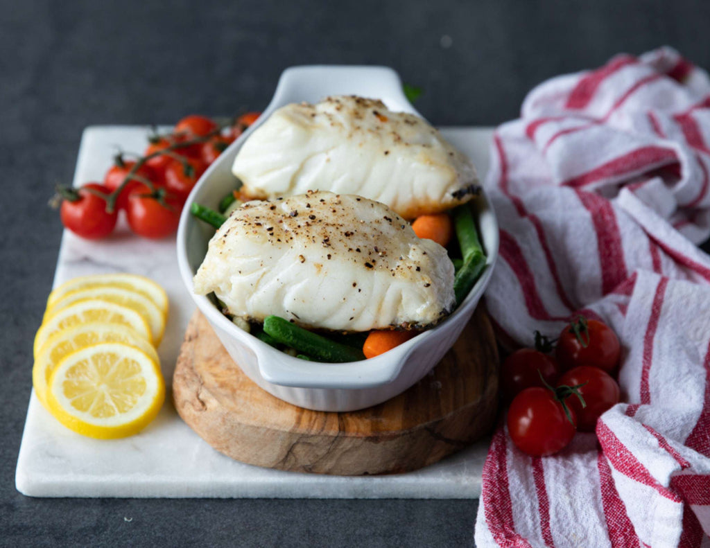 Baked Chilean sea bass with fresh vegetables