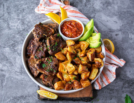 Sealand stove top lamb chops with salsa, roast potatoes and fresh avocado