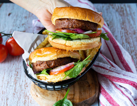 Sealand gluten free beyond burgers in a basket with fries