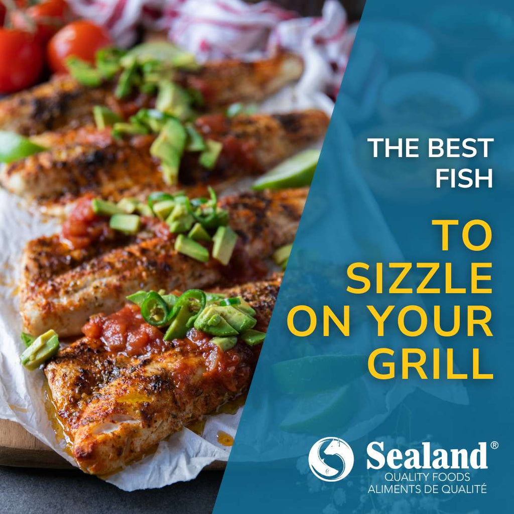 Feature image for blog about the best fish for grilling showing BBQ pickerel fillets with a graphic overlay