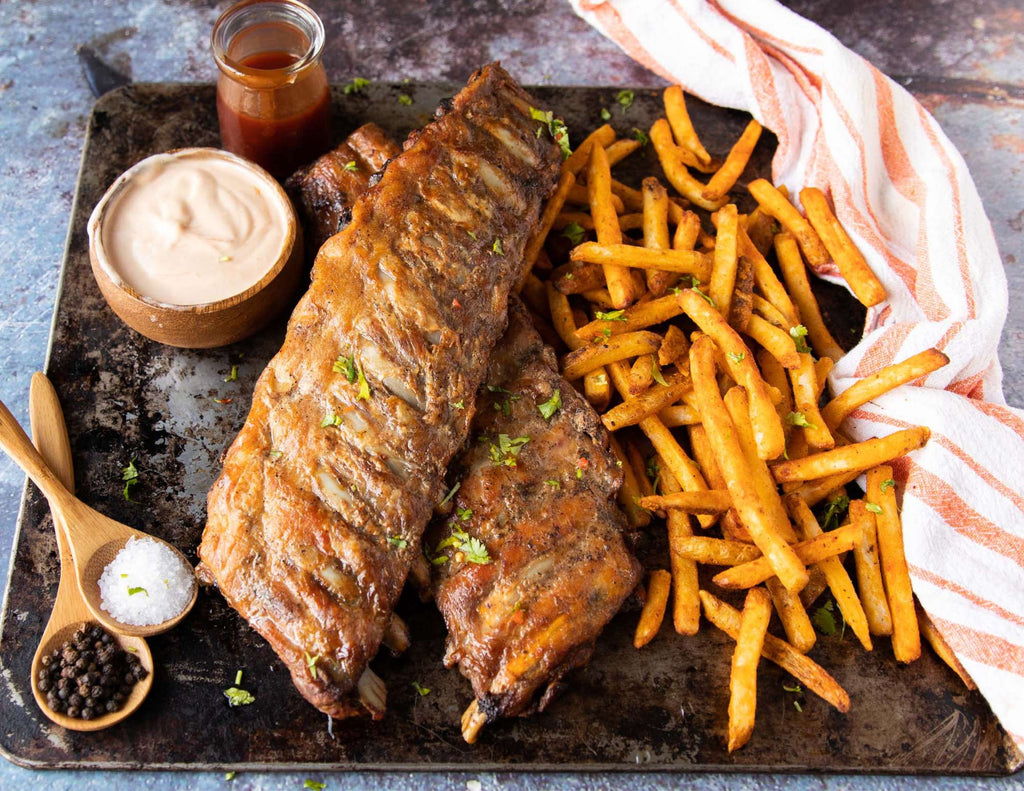 Sealand oven roasted ribs with French fries and creamy bbq dip