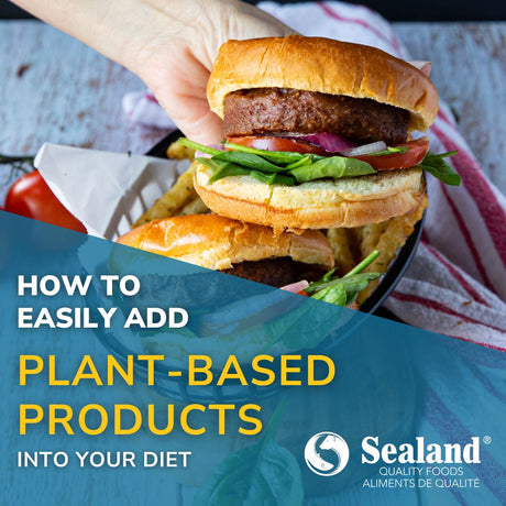 Article cover page showing plant based burgers with article title and Sealand logo overlaid