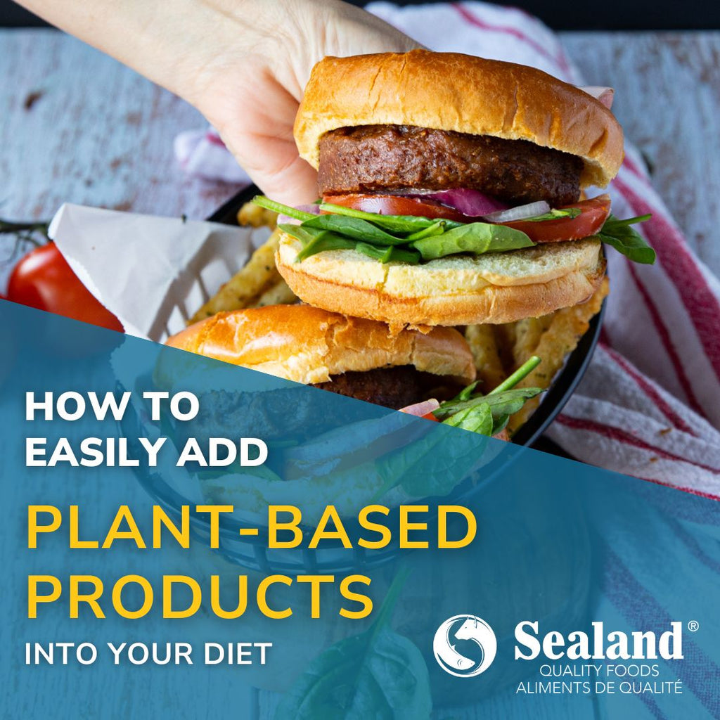 Article cover page showing plant based burgers with article title and Sealand logo overlaid
