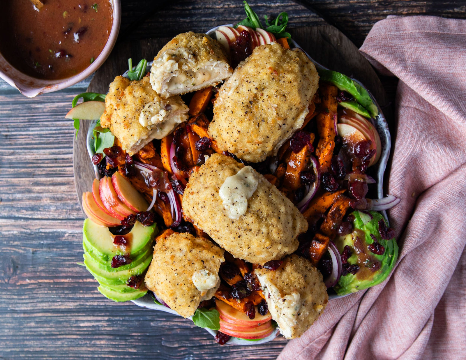 Apple, Brie and Cranberry Stuffed Chicken with Wild Rice Sweet Potato Salad