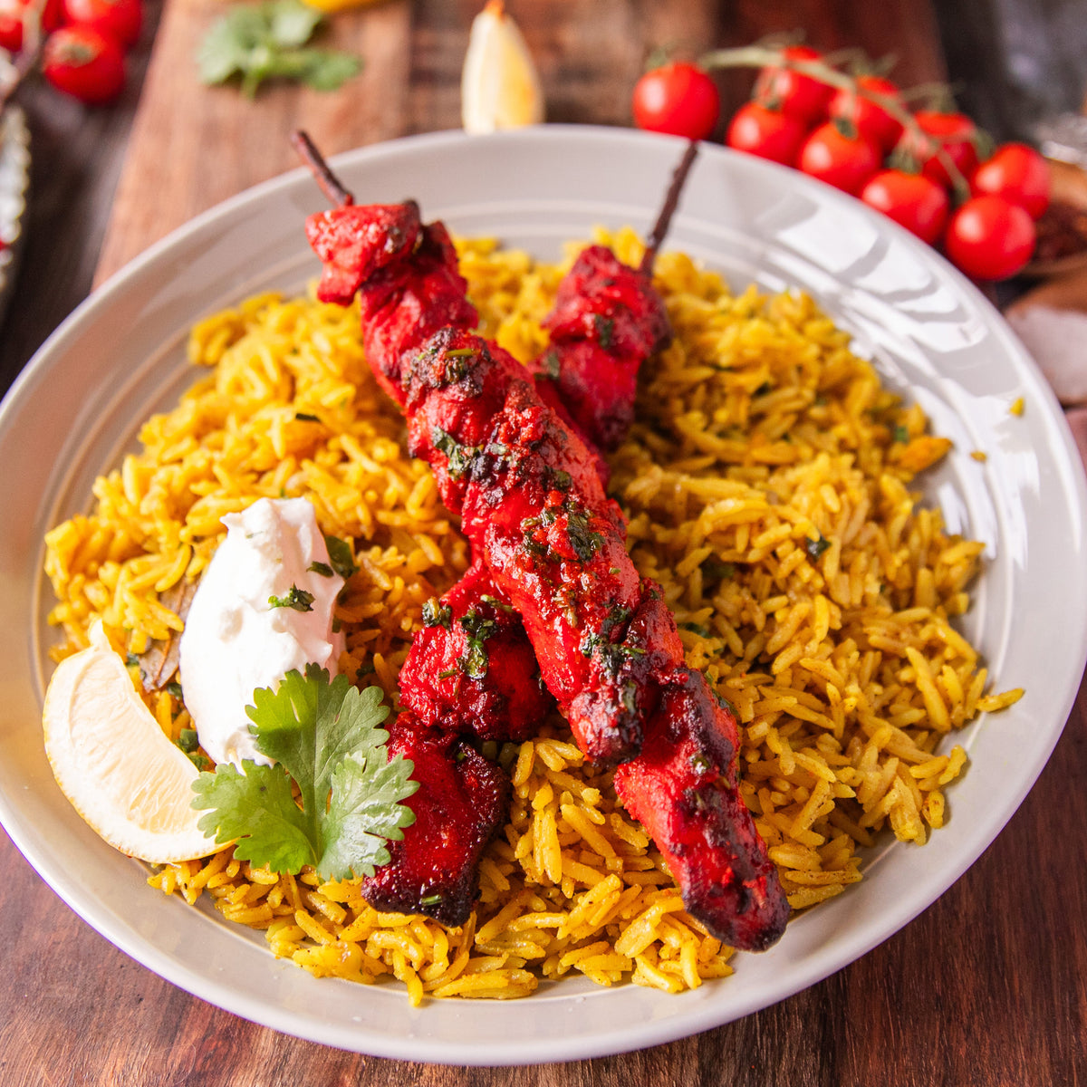 Tandoori Chicken Skewers with Fragrant Turmeric and Cumin Basmati Rice