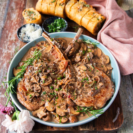 Grilled Veal Chops With Red Wine Mushroom Sauce & Air Fryer Garlic Bread