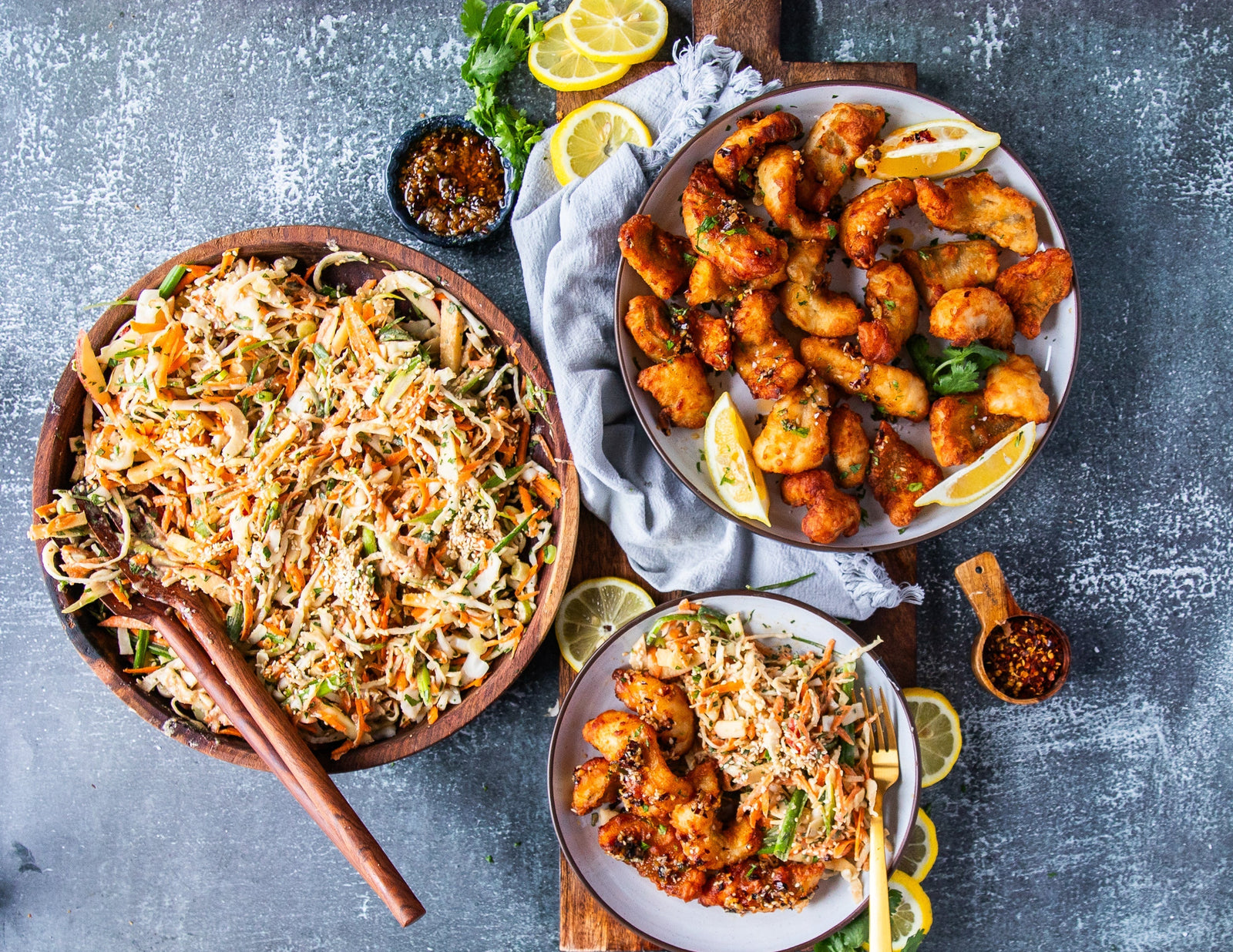 WALLEYE BITES WITH CHILLI OIL AND SESAME SLAW
