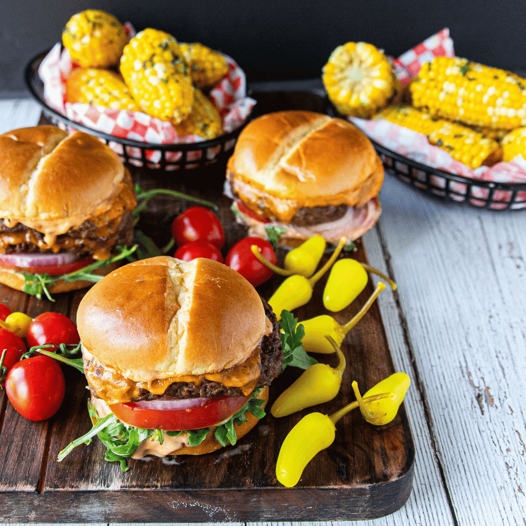 Grilled Prime Rib Burgers with Herb Butter Corn on the Cob